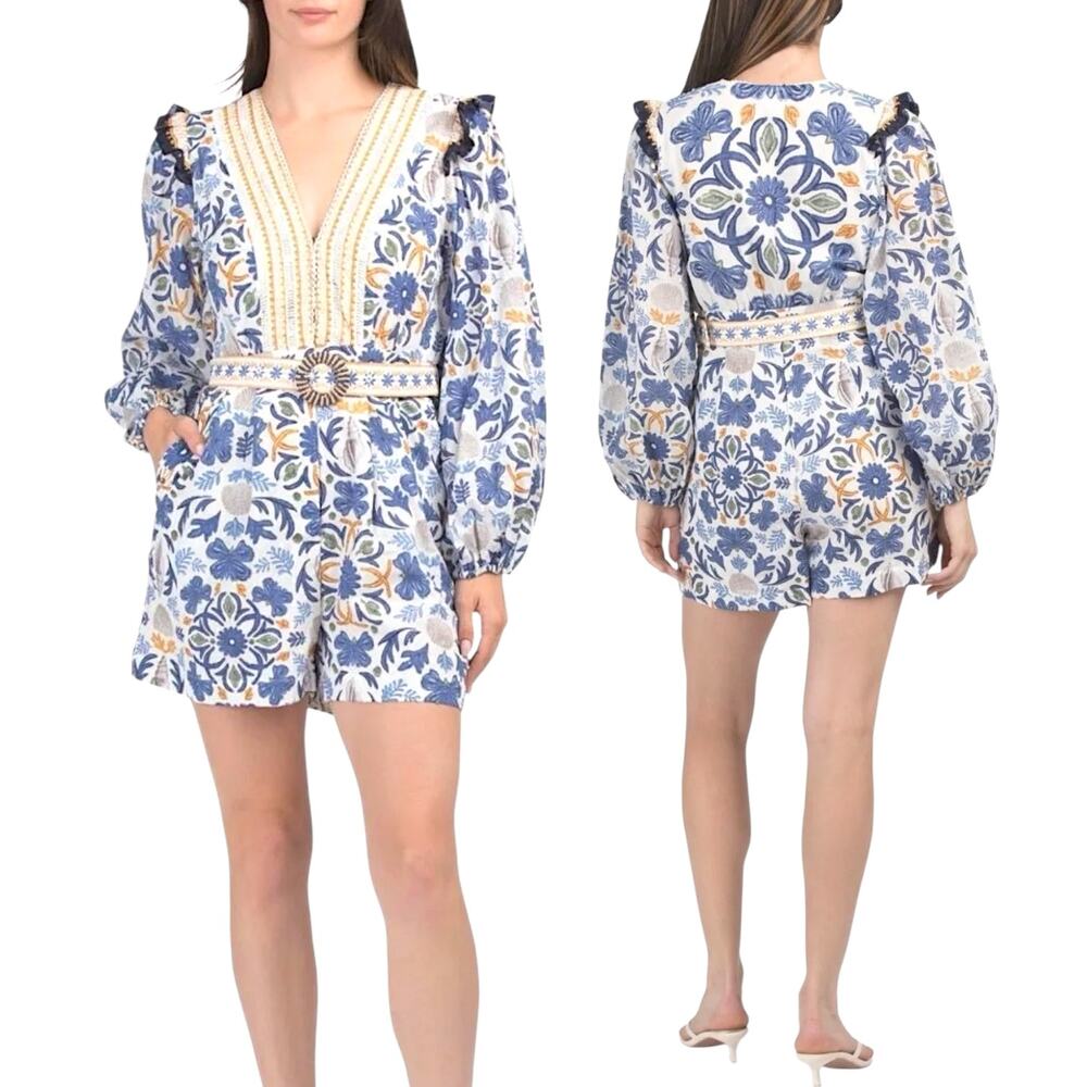 Caroline Constas NWT 'Maise' Romper Mediterranean Tile, Folk Floral, Blue, Small